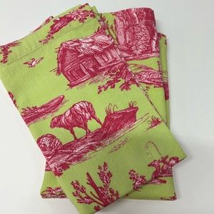 Williams Sonoma Bright Pink & Green Toile pattern, 2 Napkins, EUC